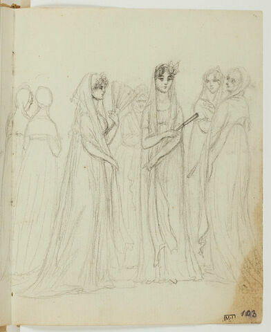 Jeunes femmes élégamment vêtues accompagnées de duègnes, image 2/2