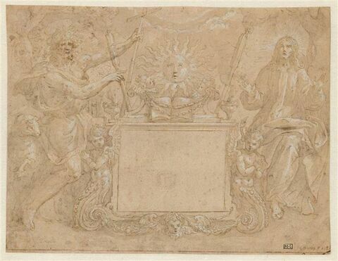 Le Christ et saint Jean-Baptiste de part et d'autre d'un autel surmonté d'un soleil
