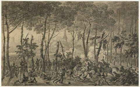 Combat de Wexelmunde le 15 mai 1807 : le cheval du général Oudinot est tué et le général Oudinot tombe dans les bras du maréchal Lannes