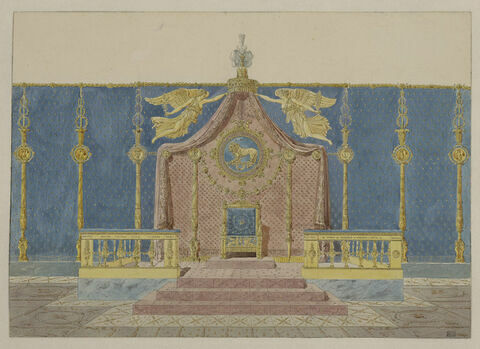 Premier projet pour la Salle du Trône aux Tuileries, avec les armoiries proposées d'un lion empanaché sur un cimeterre