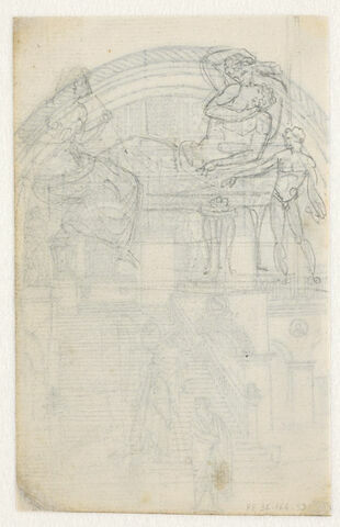 Homme drapé à l'antique, à demi-allongé sur un triclinium, embrassant une femme debout derrière lui, avec, au premier plan à gauche, un femme drapée, assise, de profil vers la droite, tenant un objet (une flèche ?) et, à gauche, un jeune homme nu, début, de face, la tête et le bras droits tournés vers un trépied, image 1/1