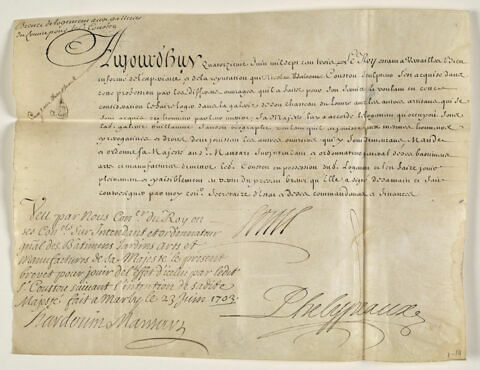 Brevet de logement aux galeries du Louvre pour Nicolas Coustou (1658-1733)