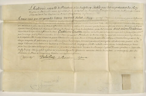 Certificat de réception à l'Académie de Guillaume I Coustou (1677-1746)