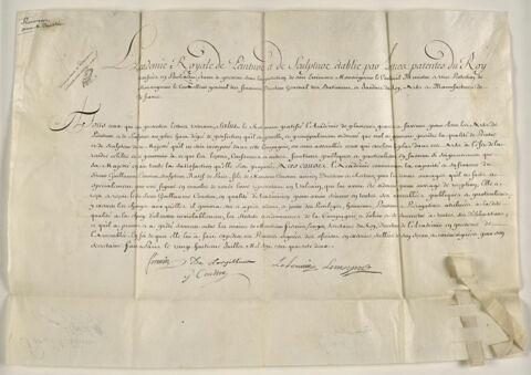 Certificat de réception à l'Académie de Guillaume II Coustou (1716-1777)