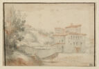 Paysage avec des maisons, à droite, et un bouquet d'arbres, à gauche, image 1/2