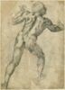 Homme debout, de dos, tenant un baton, image 1/2