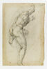 Homme nu, debout, vu de dos, la jambe gauche pliée, image 1/2
