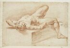 Etude d'homme nu, étendu sur le dos, jambe et bras gauche repliés, image 1/2