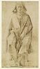Homme assis sur un tabouret, vu de face, enveloppé d'un manteau à longs plis, image 1/2