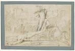 Achille traine autour des murs de Troie le corps d'Hector attaché à son char, image 1/2