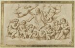 Choeur d'anges dont trois volant portant les dés et la tunique de Jésus, image 1/2