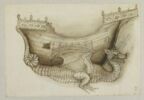 Coque d'un navire porté par un dragon, vus de profil, et esquisse du dragon, image 1/2