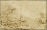 Paysage avec un homme appuyé sur un bâton regardant une chute d'eau, image 1/2