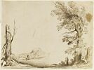 Paysage encadré d'un arbre et d'un tronc, avec un berger et son troupeau, image 1/2