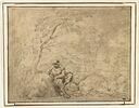 Paysage avec un homme assis, accoudé sur un rocher, sous un arbre, image 1/2