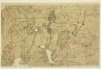 Texte manuscrit et une figure debout, des silhouettes, une jambe., image 1/2