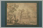 Dans un paysage vallonné et boisé, trois figures en barque sur une rivière, image 2/2