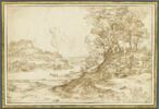 Vaste paysage de collines, traversé d'une rivière, dominée par un château, image 1/2