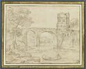Pont à deux arches, enjambant une rivière, et menant à des fortifications, image 1/2