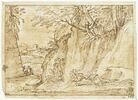 Défilé rocheux, avec des arbres et trois figures, image 1/2
