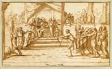 Des archers tirent des flèches sur saint Sébastien attaché à un poteau, image 1/2