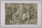 Vieillard poursuivant un cavalier sur un cheval emballé renversant des étals, image 2/2