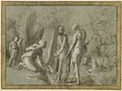 Deux bergers, une femme agenouillée et deux enfants dans un bois, image 1/2