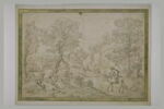 Vaste paysage boisé et vallonné, avec des personnages près d'un château, image 2/2