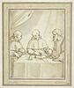 Trois moines assis autour d'une table, un livre ouvert devant eux, image 1/2