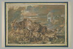 Trois bergers accompagnet un troupeau de boeufs et de moutons à la rivière, image 2/2