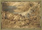 Scène de transhumance : des bergers conduisent un troupeau, image 1/2