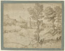 Paysage une tour carré dominant une rivière traversée par deux ponts, image 1/2