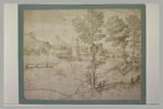 Paysage une tour carré dominant une rivière traversée par deux ponts, image 2/2