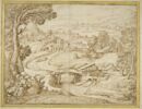 Vaste paysage boisé en bord de mer, avec un joueur de violon, image 1/2