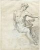 Un homme nu, assis sur un petit char, tendant le bras gauche, image 1/2