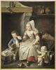 Une Mère (en costume de Cauchoise) dans sa cuisine avec deux de ses enfants, image 1/2