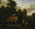 Vaches, moutons, chèvre et femme dans un paysage, image 1/2