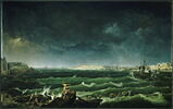 Vue de la ville, de la rade et du port de Saint-Malo, prise de l'anse des Sablons à Saint-Servan, au moment du naufrage d'un vaisseau par une tempête, 1798, image 1/2
