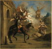 Don Quichotte conduit par la folie et embrasé de l'amour extravagant de Dulcinée, sort de chez lui pour être le chevalier errant, image 1/2