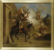 Don Quichotte conduit par la folie et embrasé de l'amour extravagant de Dulcinée, sort de chez lui pour être le chevalier errant, image 2/2