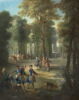 Chasse de Louis XV. Le Roi tenant le limier en laisse au 