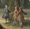 Chasse de Louis XV. Le Roi tenant le limier en laisse au 