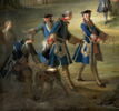 Chasse de Louis XV. Le Roi tenant le limier en laisse au 