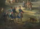 Chasse de Louis XV. Le Roi tenant le limier en laisse au 
