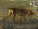 Chasse de Louis XV. Le Roi tenant le limier en laisse au 