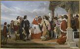 Plafond (compartiment central) : Poussin arrivant de Rome d'où il avait été rappelé par ordre de Louis XIII, est présenté par le cardinal de Richelieu au roi qui le nomme son premier peintre (en 1640)., image 1/8