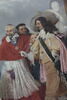 Plafond (compartiment central) : Poussin arrivant de Rome d'où il avait été rappelé par ordre de Louis XIII, est présenté par le cardinal de Richelieu au roi qui le nomme son premier peintre (en 1640)., image 4/8