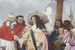 Plafond (compartiment central) : Poussin arrivant de Rome d'où il avait été rappelé par ordre de Louis XIII, est présenté par le cardinal de Richelieu au roi qui le nomme son premier peintre (en 1640)., image 6/8