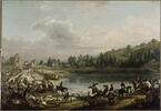 Chasse au daim pour la Saint-Hubert, en 1818, dans les bois de Meudon. Le passage de l'eau dans l'étang de Ville-d'Avray, en présence du comte d'Artois (futur Charles X) et du duc de Berry, image 3/7