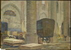Intérieur de l'église des Jacobins de Toulouse en 1918, avec les voitures contenant les tableaux évacués du Louvre, image 1/2